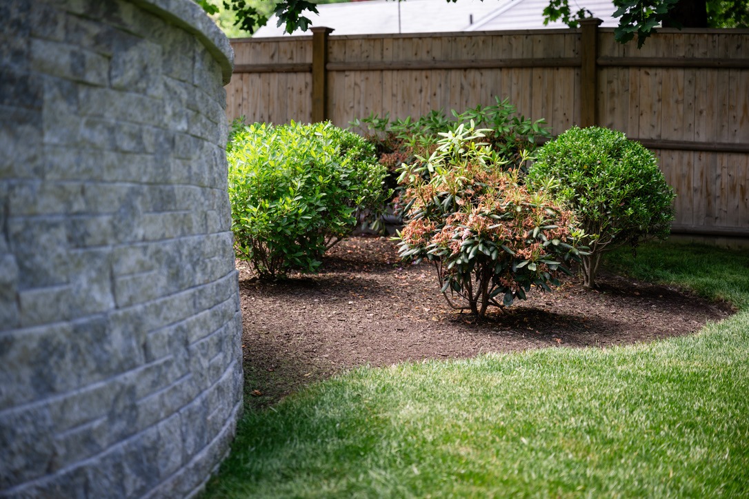 A garden with neatly trimmed bushes and a stone wall, enclosed by a wooden fence, under a sunny sky.