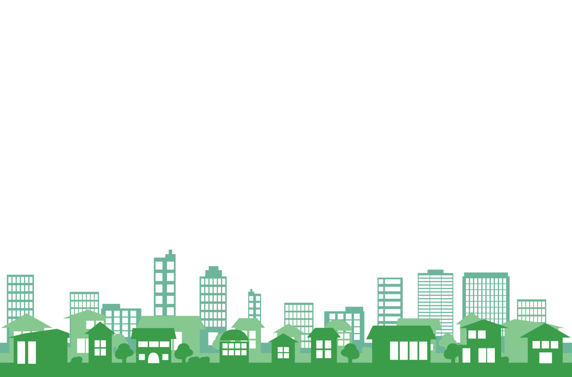 Silhouette of a green cityscape with various buildings, trees, and houses under a clear sky, representing an urban environment.