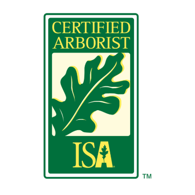 Logo featuring a green leaf design with the text "Certified Arborist" and "ISA" in yellow, enclosed within a green-bordered rectangle.