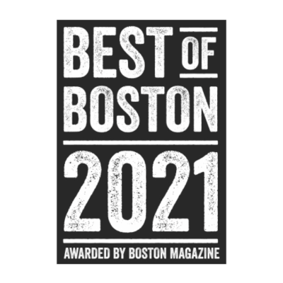 Black and white logo reads "Best of Boston 2021 Awarded by Boston Magazine," celebrating notable achievements in Boston for 2021.
