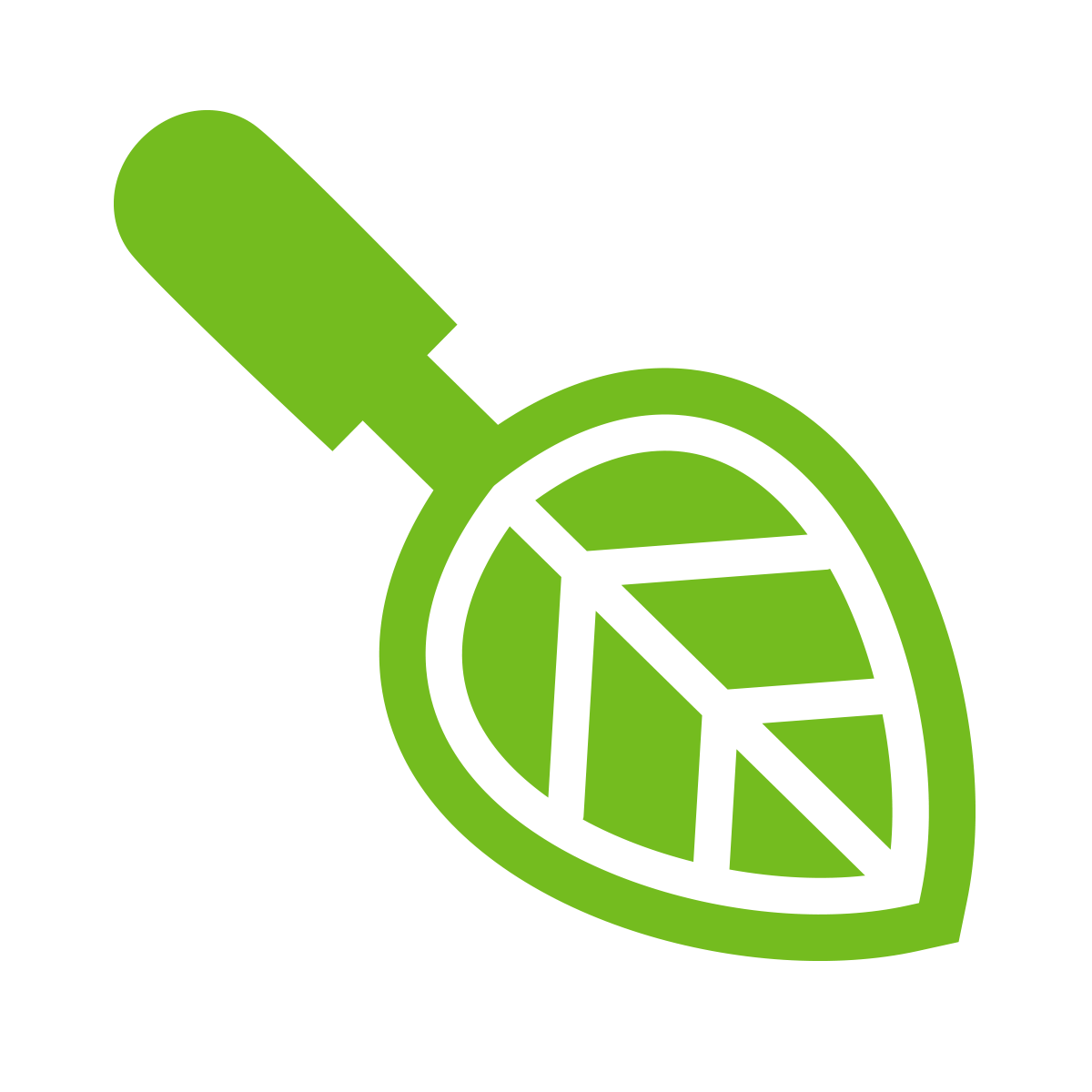 A green and white magnifying glass icon with a leaf design, symbolizing an eco-friendly or environmental search concept on a green background.