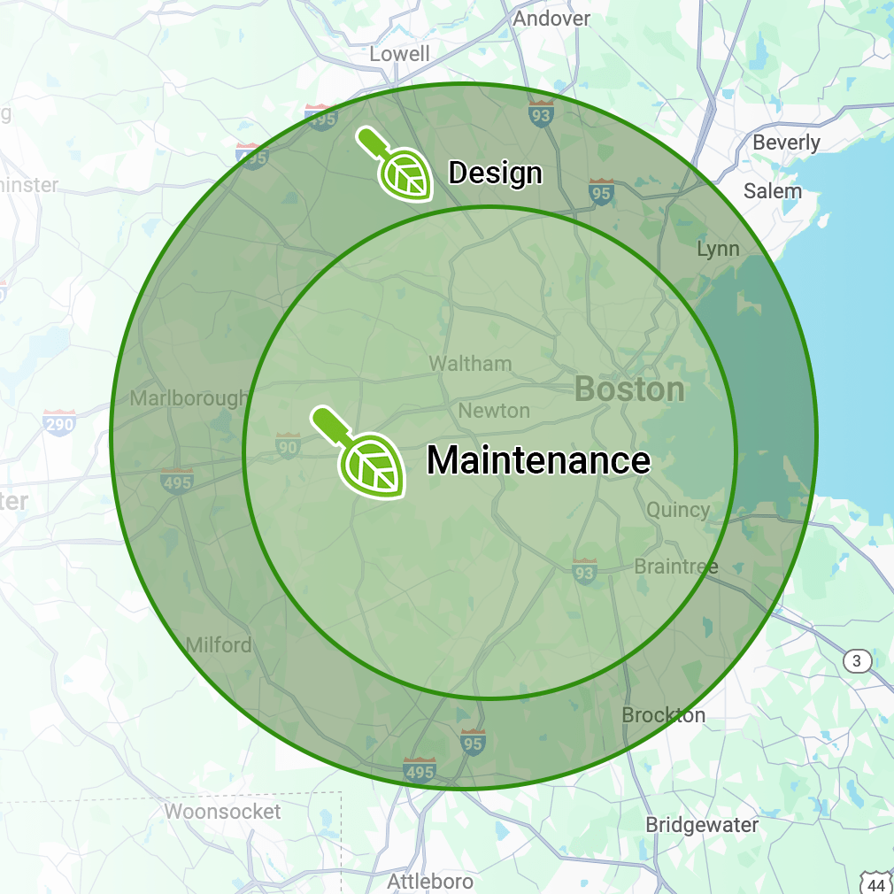 A map highlights areas around Boston labeled "Design" and "Maintenance," showing service coverage with overlapping green circles over the region.