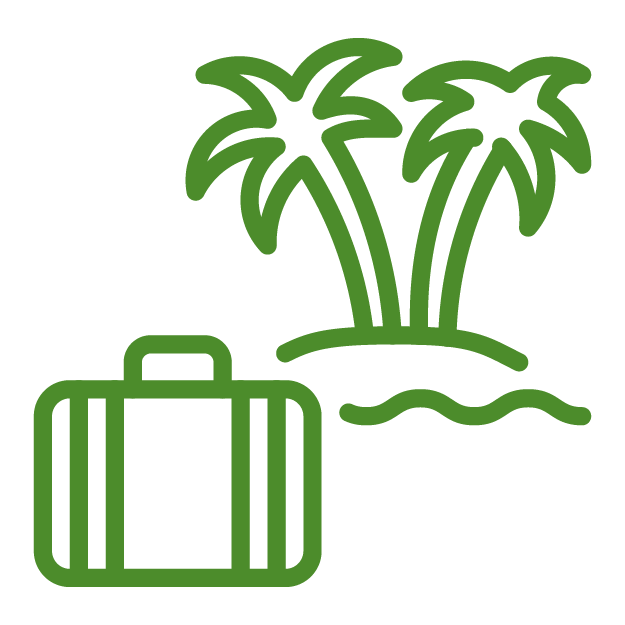 A simple green icon depicts an island with palm trees and a suitcase, symbolizing tropical travel or vacation. No landmarks visible.