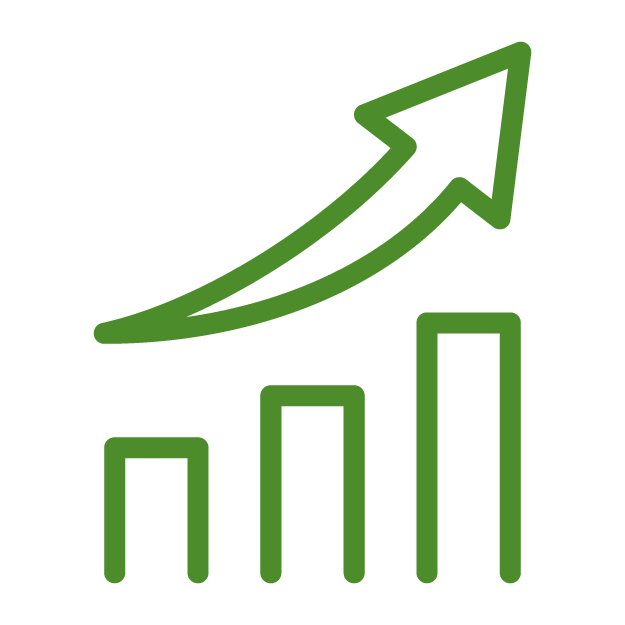 A green upward arrow over a bar graph symbolizes growth or progress, with increasing bar heights from left to right.