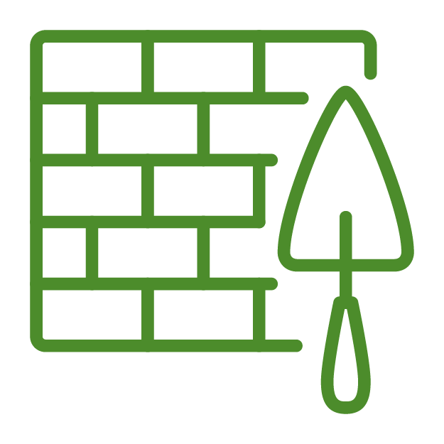 A green icon featuring a brick wall with a trowel, symbolizing construction or masonry work in a simple, minimalist style.