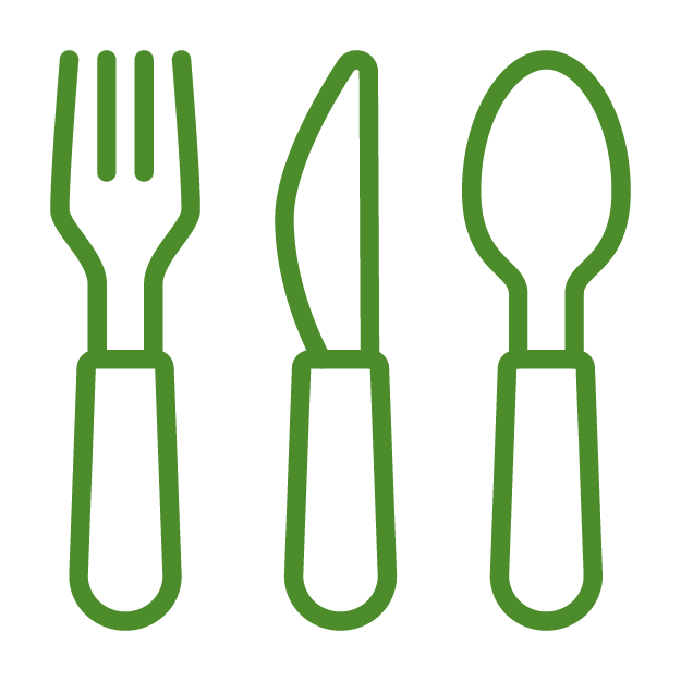 A digital illustration of green utensils: a fork, knife, and spoon, with simple design. Set against a transparent background.