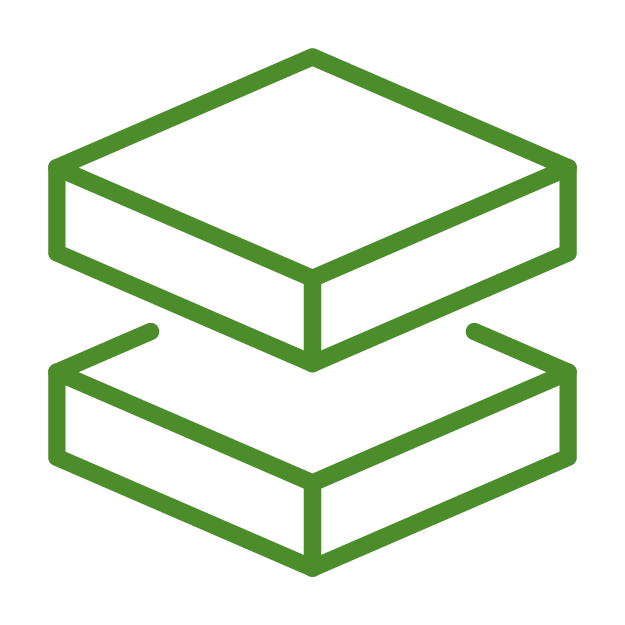 Green icon of two stacked, isometric rectangles. Simple, minimalist design on a transparent background, often used for layered, modular concept representation.