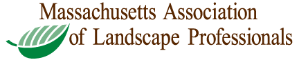 Logo for the Massachusetts Association of Landscape Professionals, featuring a stylized green leaf and brown text on a transparent background.